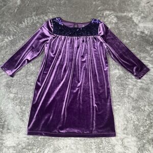 Lands End Girls Purple Velvet Party Dress Long Sleeves Sequined Neckline Large
